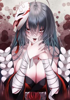 Rule 34 | 1girl, azur lane, bandages, bare shoulders, black hair, breasts, hair between eyes, highres, huge breasts, itsuki keiichi, japanese clothes, kimono, long hair, looking at viewer, mask, mask on head, official alternate design, oni mask, open mouth, red eyes, red kimono, solo, taihou (azur lane), taihou (meta) (azur lane), tongue, tongue out, upper body