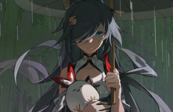 1girl absurdres bare_shoulders blue_eyes closed_mouth collarbone dress fu_hua fu_hua_(azure_empyrea) grey_hair grey_umbrella hair_over_one_eye highres holding holding_umbrella honkai_(series) honkai_impact_3rd jingwei_(bird) long_hair looking_at_viewer minonext oil-paper_umbrella rain sleeveless sleeveless_dress solo umbrella upper_body very_long_hair white_dress