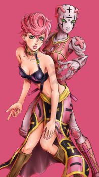 1girl absurdres black_skirt breasts green_eyes highres jojo_no_kimyou_na_bouken kaib0y looking_at_viewer medium_breasts multicolored_skirt pink_background pink_hair pink_lips pink_nails pink_skirt short_hair simple_background skirt spice_girl_(stand) stand_(jojo) trish_una vento_aureo yellow_skirt