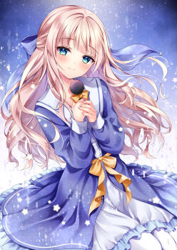 Rule 34 | 1girl, blue bow, blue dress, blue eyes, blush, bow, brown bow, closed mouth, commission, dress, frilled dress, frills, hair bow, holding, holding microphone, light brown hair, long hair, looking at viewer, microphone, nogi takayoshi, original, sailor collar, sailor dress, skeb commission, smile, solo, very long hair, white dress, white sailor collar