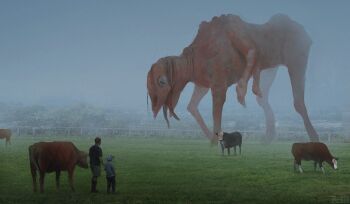 2boys amamidori artist_name black_hair blue_eyes boots commentary cow dated_commentary english_commentary extra_arms extra_tongue farm fence fog grass hat holding_hands monster multiple_boys nostrils outdoors scp-4158 scp_foundation shirt shorts t-shirt tree wooden_fence