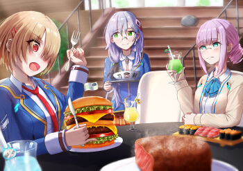 3girls :3 absurdres aqua_eyes blue_bow blue_bowtie blue_eyes blue_jacket blunt_bangs blush bow bowtie burger character_print closed_mouth commentary_request cowboy_shot cup drink food fork glasses green_eyes hair_ornament hair_over_one_eye hairclip hand_up heaven_burns_red highres higuchi_seika holding holding_cup holding_fork holding_knife indoors izumi_yuki_(heaven_burns_red) jacket kayamori_ruka knife kunimi_tama long_hair long_sleeves looking_at_another looking_at_food low_side_ponytail medium_hair multiple_girls narby_(heaven_burns_red) one_eye_covered open_clothes open_jacket open_mouth parallel_hairclips pink_eyes red_eyes round_eyewear short_hair sidelocks sitting smile split_mouth stairs standing steak steam suimei_(ramebi3) sushi toujou_tsukasa upper_body yellow_jacket