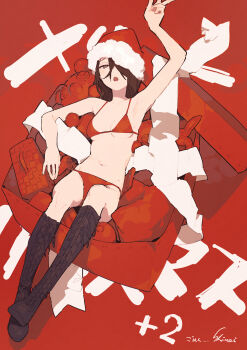 1girl absurdres arm_up armpits artist_name bikini boots breasts brown_hair christmas commentary_request fur-trimmed_headwear fur_trim hat highres medium_breasts navel open_mouth original red_background red_bikini ribbon santa_hat shiloroshi swimsuit v
