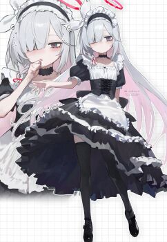 Rule 34 | 1girl, :o, absurdres, alternate costume, amenatsu, artist name, black choker, black eyes, black thighhighs, blue archive, braid, choker, corset, expressionless, flat chest, full body, grid background, hair ornament, halo, highres, long hair, maid, plana (blue archive), red halo, red pupils, ribbon, single braid, solo, straight hair, thighhighs, white background, white hair, white ribbon, wind, wind lift