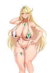 Rule 34 | 1girl, absurdres, bare shoulders, bikini, blonde hair, blush, breasts, chest jewel, cleavage, cowboy shot, curvy, earrings, gem, hand on own hip, headpiece, highres, huge breasts, jewelry, jingb dx, long hair, looking at viewer, micro bikini, mythra (xenoblade), navel, simple background, skindentation, smile, solo, standing, swept bangs, swimsuit, thick thighs, thigh strap, thighs, tiara, very long hair, white background, white bikini, wide hips, xenoblade chronicles (series), xenoblade chronicles 2, yellow eyes
