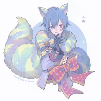1boy animal_ears arm_bow arm_up blue_circle blue_eyes blue_gloves blue_hair bow card commentary english_text facial_mark fur_trim gloves hair_between_eyes hand_on_own_chin highres kaito_(vocaloid) kemonomimi_mode looking_at_viewer male_focus mo_chi_ro paw_print playing_card project_sekai red_ribbon ribbon simple_background smile solo sparkle tail vocaloid white_background wide_sleeves wonderlands_x_showtime_kaito