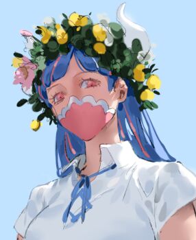 1girl blue_hair blue_sky covered_mouth curled_horns day head_wreath horns mask midsommar mouth_mask multicolored_hair one_piece outdoors parody pink_eyes pink_hair pink_mask raine_(acke2445) shirt sky solo streaked_hair ulti_(one_piece) white_horns white_shirt
