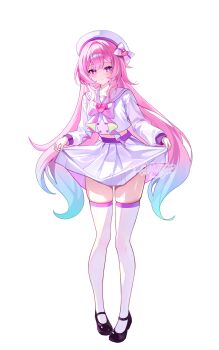 1girl alternate_costume black_shoes bow bowtie chest_bow closed_mouth colored_eyelashes commentary cyrene_(demiurge)_(honkai:_star_rail) cyrene_(honkai:_star_rail) dalmyang full_body gradient_hair hat heart-shaped_gem highres honkai:_star_rail honkai_(series) long_hair long_sleeves looking_at_viewer midriff multicolored_hair pink_bow pink_bowtie pink_hair purple_eyes sailor_collar school_uniform shirt shoes simple_background skirt skirt_hold smile solo standing thighhighs very_long_hair white_background white_hat white_sailor_collar white_shirt white_skirt white_thighhighs zettai_ryouiki