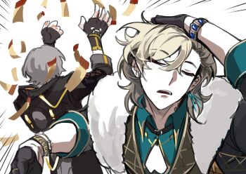 2boys alucard199x aqua_shirt arm_up arms_up aventurine_(honkai:_star_rail) black_coat black_collar black_gloves black_jacket blonde_hair blue_gem bracelet brown_vest caelus_(honkai:_star_rail) closed_eyes clothing_cutout coat collar collared_shirt earrings fingerless_gloves from_behind fur-trimmed_jacket fur_trim gem gloves gold_bracelet gold_ring gold_trim grey_hair hand_on_own_head hand_up hashtag-only_commentary heart_cutout highres honkai:_star_rail honkai_(series) hood hooded_coat jacket jewelry lapels long_sleeves male_focus meme motion_lines multiple_boys naoya_hitting_choso_without_looking_(meme) neck_tattoo open_clothes open_jacket open_mouth shirt short_hair simple_background single_earring star_rail_special_pass_(honkai:_star_rail) tattoo teeth ticket trailblazer_(honkai:_star_rail) upper_body vest watch white_background wristwatch