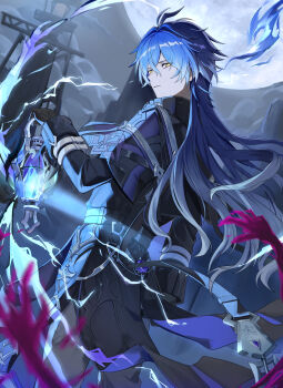 1boy antenna_hair black_gloves black_pants black_shirt blue_hair closed_mouth commentary_request cowboy_shot flins_(genshin_impact) genshin_impact gloves hair_between_eyes highres holding holding_lantern lantern long_hair long_sleeves male_focus miyanami_3 outdoors pants shirt solo yellow_eyes