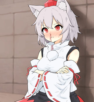 1girl animal_ears bare_shoulders bleeding blood blood_on_clothes blood_on_face blush breasts crossed_arms detached_sleeves female_pervert hat highres hinben inubashiri_momiji looking_at_viewer medium_breasts nosebleed pervert pom_pom_(clothes) red_eyes ribbon-trimmed_sleeves ribbon_trim shirt short_hair skirt solo sweat tail tokin_hat touhou white_hair wolf_ears wolf_girl