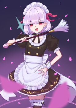 1girl :d absurdres apron black_dress black_thighhighs commentary_request cowboy_shot dress duster fate/grand_order fate/grand_order_arcade fate_(series) feather_duster highres holding holding_duster kama_(fate) kama_(first_ascension)_(fate) kama_(mistake)_(second_ascension)_(fate) kama_(young)_(fate) looking_at_viewer maid maid_headdress misoy_3 official_alternate_costume open_mouth pink_nails pink_petals puffy_short_sleeves puffy_sleeves purple_hair red_eyes short_hair short_sleeves smile standing thighhighs waist_apron white_apron