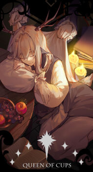 2girls absurdres alina_(arknights) animal_ears antlers apple arknights blanket book candle card_(medium) commentary covering_with_blanket crossed_arms deer_antlers deer_ears deer_girl deer_tail english_commentary food fruit grapes highres holding holding_blanket horns kotatsu_kaya layered_sleeves leaning_on_table light_particles long_hair lying minor_arcana_(tarot) multiple_girls puffy_sleeves sleeping solo_focus table tail talulah_(arknights) talulah_the_fighter_(arknights) tarot white_hair