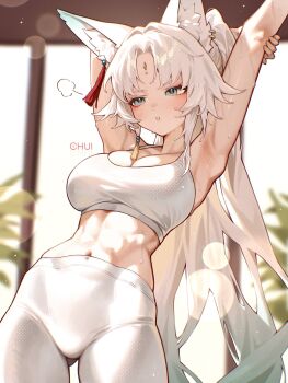1girl abs alternate_costume animal_ear_fluff animal_ears armpits arms_up breasts chui_art commentary english_commentary feixiao_(honkai:_star_rail) forehead_jewel fox_ears fox_girl green_eyes highres honkai:_star_rail honkai_(series) large_breasts looking_ahead midriff pants ponytail solo sports_bra sweat toned toned_female white_hair white_pants white_sports_bra yoga_pants