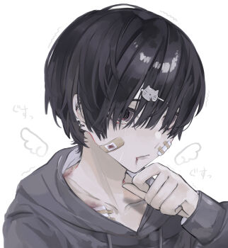 1boy absurdres adam&#039;s_apple bandaid bandaid_on_chest bandaid_on_face barbell_piercing bishounen bite_mark bite_mark_on_shoulder black_eyes black_hair blank_stare blood blood_from_mouth broken bruise bruise_on_chest cat_hair_ornament collarbone crying crying_with_eyes_open drawn_wings drawstring ear_piercing earrings grey_hoodie hair_ornament hair_over_eyes hairclip hand_to_own_mouth highres hood hood_down hoodie industrial_piercing injury jewelry katoumio long_sleeves male_focus original piercing portrait short_hair simple_background solo sound_effects tears trembling wavy_eyes white_background wings