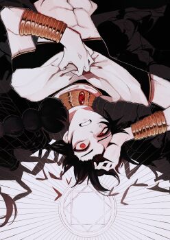 1boy abs arabian_clothes black_hair black_rukh_(magi) bracer braid clutching_chest clutching_head crop_top faceless hand_on_own_chest hand_on_own_head highres jewelry judal long_hair looking_at_viewer magi_the_labyrinth_of_magic magic_circle male_focus mama_bosei midriff neck_ring octagram red_eyes shawl short_sleeves single_braid solo stomach sweat toned toned_male uneven_eyes upside-down white_background wide-eyed