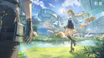 3d absurdres black_skirt blonde_hair braid breasts earrings gradient_hair half_up_braid hand_up headphones highres holding jacket jewelry logo long_hair lynae_(wuthering_waves) male_rover_(wuthering_waves) medium_breasts multicolored_hair official_art rover_(wuthering_waves) shirt skirt star_(symbol) star_earrings very_long_hair weapon white_jacket white_shirt wuthering_waves