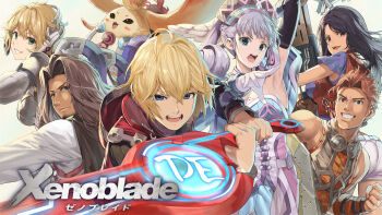 3girls armor black_hair blonde_hair blue_eyes braid breasts brown_hair cape cleavage crop_top crown_braid curly_hair cyborg dark_skin dress dual_wielding dunban_(xenoblade) fiora_(xenoblade) gloves gun hat head_wings highres holding juliet_sleeves knife long_hair long_sleeves looking_at_viewer male_focus mecha-fiora medium_breasts melia_antiqua midriff mole mole_under_mouth monado multiple_boys multiple_girls nopon open_mouth puffy_sleeves reyn_(xenoblade) rifle riki_(xenoblade) sharla_(xenoblade) short_hair shulk_(xenoblade) simple_background smile staff sword thighhighs upper_body weapon wings xenoblade_chronicles_(series) xenoblade_chronicles_1 yappen