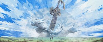 absurdres artist_name blue_sky cloud commentary field grass highres landscape mio_(xenoblade) noah_(xenoblade) planted planted_sword planted_weapon scenery sky standing sword toosut0 watermark weapon xenoblade_chronicles_(series) xenoblade_chronicles_3