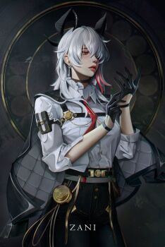 Rule 34 | 1girl, absurdres, arm pouch, black choker, black gloves, black horns, black jacket, black pants, breasts, button gap, character name, chest harness, choker, chromatic aberration, collared shirt, commentary, cowboy shot, curled horns, earrings, gloves, half gloves, harness, highres, horns, jacket, jacket on shoulders, jewelry, key earrings, long hair, looking ahead, medium breasts, multicolored hair, necktie, nervi fd, pants, parted lips, pouch, red eyes, red necktie, shirt, sleeves rolled up, solo, streaked hair, white hair, white shirt, wuthering waves, zani (wuthering waves)