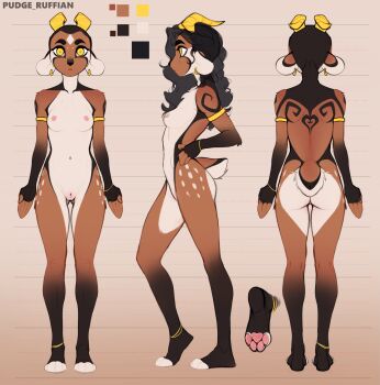 1girl absurdres animal_ears artist_name ass black_hair commentary completely_nude earrings english_commentary furry furry_female gluteal_fold goat_ears goat_girl goat_tail highres horizontal_pupils horns jewelry kody_(pudgeruffian) long_hair multiple_views nude original pudgeruffian pussy reference_sheet tail uncensored yellow_eyes