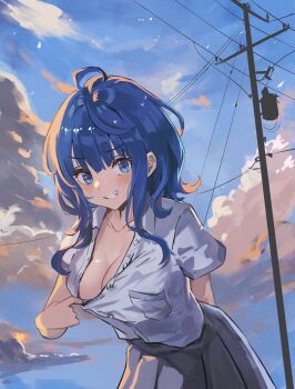 1girl absurdres ahoge arm_behind_back bird bird_on_power_lines blue_eyes blue_hair blue_sky breast_pocket breasts cleavage cloud collarbone collared_shirt commentary_request cowboy_shot from_below gary_huang grey_skirt grin hair_between_eyes highres large_breasts leaning leaning_forward long_sidelocks looking_at_viewer make_heroine_ga_oo_sugiru! medium_hair messy_hair naughty_face no_bra outdoors partially_unbuttoned pleated_skirt pocket power_lines pulling_own_clothes school_uniform shirt short_sleeves sidelocks silhouette skirt sky smile solo teasing teeth tsuwabuki_high_school_uniform utility_pole white_shirt yanami_anna