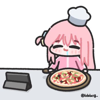 1girl bocchi_the_rock! chef_hat chibi chibi_only closed_eyes closed_mouth commentary drooling food full_body gotoh_hitori hat highres hungry jacket long_hair lulalang mini_chef_hat mini_hat one_side_up pink_hair pink_jacket pizza saliva simple_background smile solo symbol-only_commentary tablet_pc twitter_username white_background