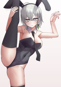 1girl absurdres alternate_costume animal_ears bare_shoulders black_leotard black_necktie breasts cleavage cotan_(actancyaga) cowboy_shot diabellstar_the_black_witch duel_monster earrings fake_animal_ears grey_eyes grey_hair highres jewelry large_breasts leotard medium_hair necktie rabbit_ears simple_background solo split standing standing_on_one_leg standing_split strapless strapless_leotard white_background yu-gi-oh!