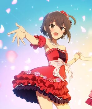 2girls :d armpits asakura_mihono bare_shoulders blue_background blush breasts brown_eyes brown_hair cowboy_shot detached_sleeves dot_nose dress earrings etou_kanami falling_petals floating_earrings flower game_cg gradient_background hair_flower hair_ornament holding_hands jewelry looking_at_viewer multiple_girls necklace official_art one_side_up open_mouth outstretched_arm pearl_necklace petals pink_flower pink_petals pink_rose purple_background reaching reaching_towards_viewer red_dress red_flower red_rose rose short_sleeves sidelocks small_breasts smile solo_focus strapless strapless_dress string_of_pearls third-party_source toji_no_miko toji_no_miko:_kizamishi_issen_no_tomoshibi yellow_background yellow_flower yellow_rose