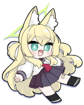 1girl :d animal_ears black_sailor_collar black_skirt black_socks blonde_hair blue_archive blush_stickers fang fox_ears full_body green_eyes grey_shoes halo kurumi_(blue_archive) long_hair long_sleeves looking_at_viewer lowres miranofuudoria open_mouth pleated_skirt puffy_long_sleeves puffy_sleeves sailor_collar school_uniform serafuku shirt shoes simple_background skirt smile socks solo two_side_up very_long_hair white_background white_shirt