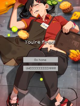 1girl absurdres adventure_time apron black_apron black_hair black_pants breasts burger chainsaw_man closed_eyes collared_shirt covered_erect_nipples crying english_text food french_fries frilled_panties frills game_over game_over_screen gameplay_mechanics hair_ornament hairclip higashiyama_kobeni highres holding holding_tray khyle. knees_up lady_rainicorn lying mcdonald&#039;s medium_breasts medium_hair minecraft mole name_tag navel no_bra on_back on_floor open_mouth open_pants panties pants panty_peek pickle red_shirt shirt shoes short_sleeves sneakers socks solo tears tile_floor tiles tray underwear untied_shoelaces watch wet_floor white_socks wristwatch yellow_panties