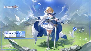 1girl armored_boots artist_request bird blonde_hair blue_eyes book_of_yog boots breasts cleavage copyright_name copyright_notice delyanne_(book_of_yog) dove dress english_text flower grass highres holding holding_sword holding_weapon official_art short_hair sky solo sword weapon white_dress white_flower