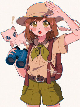 Rule 34 | 1boy, :o, arm up, backpack, bag, belt, belt buckle, binoculars, blue eyes, breast pocket, brown belt, brown hair, brown hat, brown shirt, buckle, budding expeditioner (pokemon), collared shirt, cowboy shot, dress shirt, gen 1 pokemon, green eyes, green necktie, green shorts, hat, holding, holding binoculars, legendary pokemon, long hair, mew (pokemon), mikakami1e, mythical pokemon, necktie, nintendo, pocket, pokemon, pokemon (creature), pokemon tcg, shirt, short shorts, short sleeves, shorts, standing, watermark, wing collar