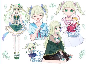 1girl ame_ame chibi closed_eyes doll drill_hair full_body gloves green_eyes green_hair hair_ornament highres long_hair long_sleeves multiple_views open_mouth original pantyhose sample_watermark shoes short_twintails sitting twintails watermark white_gloves white_pantyhose