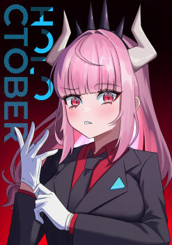 1girl absurdres adjusting_clothes adjusting_gloves alternate_costume black_jacket black_necktie blush breasts commentary cosplay demon_girl demon_horns english_commentary formal_clothes gloves helltaker highres hololive hololive_english horns jacket large_breasts long_hair long_sleeves looking_at_viewer lucifer_(helltaker) lucifer_(helltaker)_(cosplay) mori_calliope necktie pink_eyes pink_hair red_eyes red_shirt shirt simple_background solo specwamen suit virtual_youtuber white_horns