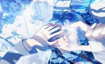 1boy artist_name blue_eyes blue_scarf blue_theme bottle broken_glass commentary_request glass glass_bottle half-closed_eyes hands_up highres long_sleeves looking_at_object male_focus original parted_lips portrait scarf short_hair teardrops_(user_vgvd7733) tears