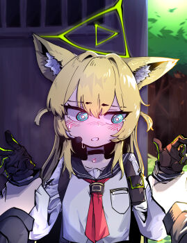 1boy 1girl absurdres alternate_eye_color animal_ear_fluff animal_ears averting_eyes backlighting black_choker black_gloves black_sailor_collar blonde_hair blue_archive blue_eyes blush bright_pupils chest_harness choker collarbone commentary day embarrassed fox_ears fox_girl geonbanmaen gloves hair_between_eyes hair_intakes halo hands_up harness headset hetero highres holding_another&#039;s_wrist korean_commentary kurumi_(blue_archive) long_hair looking_to_the_side neckerchief nose_blush outdoors parted_lips pov pov_hands red_neckerchief sailor_collar school_uniform sensei_(blue_archive) serafuku shirt sidelocks solo_focus sweatdrop tactical_school_uniform tearing_up textless_version triangle_halo two-sided_gloves two_side_up upper_body white_pupils white_shirt