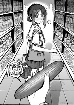 Rule 34 | +++, 2girls, 6+others, @ @, ahoge, blush, bottle, bracelet, chinese commentary, cho kaguya-hime!, commentary request, cucumber, female pov, food, fruit, greyscale, grocery store, hair bun, highres, holding, holding food, holding fruit, jar, jewelry, kaguya (cho kaguya-hime!), long hair, looking at viewer, monochrome, multiple girls, multiple others, open mouth, pleated skirt, pov, puff of air, sailor collar, sakayori iroha, sexually suggestive, shadow, shopping basket, short sleeves, silhouette, single hair bun, skirt, sweat, twitter username, xiaoju xiaojie