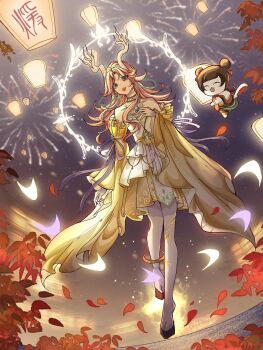 Rule 34 | 1girl, ^ ^, aerial fireworks, ahoge, animal, ankle ring, antlers, armor, bare shoulders, black sandals, blue eyes, breastplate, brown hair, cat, cerinapan, chinese clothes, chinese commentary, choker, chroma's mortal heart (infinity nikki), closed eyes, clothed animal, collarbone, commentary request, deer antlers, detached sleeves, double bun, dress, eyes visible through hair, fireworks, floating, full body, gold choker, gold necklace, hair bun, hair ribbon, halo, halo behind head, hand fan, hand on own chest, happy, highres, holding, holding fan, horns, infinity nikki, jewelry, lantern, light particles, long hair, long sidelocks, long sleeves, looking ahead, momo (nikki), necklace, night, nikki (nikki), nikki (series), open mouth, outdoors, pantyhose, paper lantern, pendant, pink hair, purple ribbon, red ribbon, ribbon, sandals, short hair, sidelocks, sleeve ribbon, smile, strapless, strapless dress, teeth, tuanshan, two-tone dress, upper teeth only, very long hair, white cat, white dress, white halo, white pantyhose, wide sleeves, wig, yellow dress, yellow fire, yellow sleeves