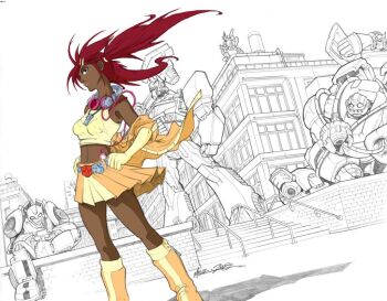 1girl armpits artist_request autobot axe boots breasts bulkhead bumblebee_(transformers) clenched_hand dark_skin gloves holding holding_axe insignia jacket kneehighs linea_alba lips midriff miniskirt optimus_prime prowl_(transformers) ratchet_(transformers) red_hair sari_sumdac signature skirt sleeveless socks spot_color transformers transformers_animated twintails wheel windshield yellow_gloves