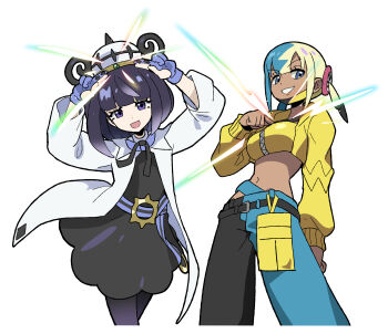 2girls absurdres canari_(pokemon) dark-skinned_female dark_skin gwynn_(pokemon) highres mega_stone multiple_girls pokemon pokemon_legends:_z-a sach56000 simple_background white_background