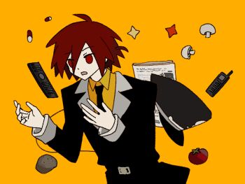 1boy anonymous1203 belt black_belt black_hat black_neckerchief black_shirt black_suit chinese_commentary collared_shirt commentary_request epic_battle_fantasy formal_clothes hair_between_eyes hat lance_(epic_battle_fantasy) male_focus mushroom neckerchief newspaper open_mouth pill red_eyes red_hair shirt short_hair solo suit tomato upper_body