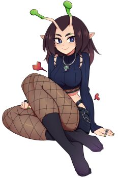 1girl alien antennae black_hair blue_eyes blush breasts closed_mouth fishnet_pantyhose fishnets guardians_of_the_galaxy highres large_breasts long_hair looking_at_viewer mantis_(marvel) marvel marvel_rivals oninuer pantyhose pointy_ears shorts simple_background smile solo