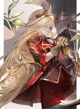 1girl :d blonde_hair blue_eyes feathers gloves hashtag-only_commentary hat highres jacket long_hair looking_afar lyza_(made_in_abyss) made_in_abyss open_mouth pants pickaxe plant red_jacket red_pants smile whale117666 whistle