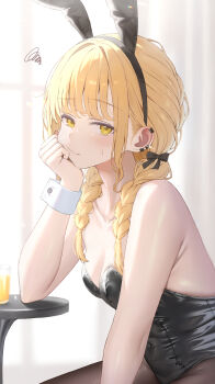1girl absurdres animal_ears black_leotard black_pantyhose blonde_hair blush braid closed_mouth collarbone commentary_request cup drinking_glass elbow_rest fake_animal_ears fujita_kotone gakuen_idolmaster head_rest hibimaru highres idolmaster leotard long_hair looking_at_viewer low_twin_braids pantyhose playboy_bunny rabbit_ears solo squiggle strapless strapless_leotard sweatdrop twin_braids white_wrist_cuffs wrist_cuffs yellow_eyes