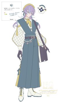 1boy alternate_costume bag belt black_belt black_gloves blonde_hair blue_hair blue_pants blue_vest breasts commentary_request full_body ghost gloves green_eyes grin hakama hakama_pants hat head_tilt high-waist_pants highres hoshirube_sho japanese_clothes looking_at_viewer male_focus mizuki_(mz) multicolored_hair neckerchief nijisanji otomo_(hoshirube_sho) pants purple_hair request_inset shoes simple_background smile solo streaked_hair translation_request vest virtual_youtuber watermark wavebox white_background white_shoes yellow_hat yellow_neckerchief