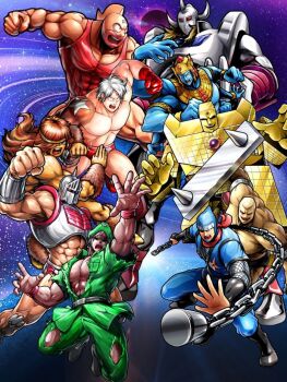Rule 34 | 6+boys, abs, akuma shogun, armor, ashuraman, biceps, brocken jr., evil smile, full armor, geronimo (kinnikuman), hat, highres, horns, injury, junkman (kinnikuman), kinniku suguru, kinnikuman, kinnikuman (character), large pectorals, long hair, looking at another, manly, military, military hat, military uniform, monster boy, multiple boys, official art, pectorals, robin mask, serious, short hair, smile, sunshine (kinnikuman), teamwork, terryman, the ninja (kinnikuman), wrestling, wrestling outfit