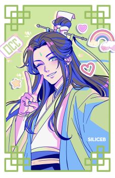 1boy artist_name bindi black_hair border bracelet chinese_clothes chinese_knot cloud colored_shadow curtained_hair drop_shadow facial_mark floating_hair forehead_mark green_background green_border green_eyes green_robe hair_bun half_updo hand_up hanfu head_tilt heart highres jewelry light_blush long_hair long_sleeves looking_at_viewer male_focus notice_lines one_eye_closed outstretched_arm parted_bangs rainbow renzha_fanpai_zijiu_xitong ribboned_xiao_guan robe selfie shadow shen_qingqiu sidelocks siliceb single_hair_bun smile solo sparkle star_(symbol) upper_body v white_border white_hanfu wide_sleeves