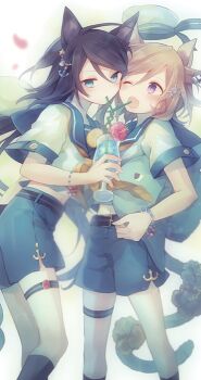 2girls animal_ears aqua_eyes belt blonde_hair bracelet brown_hair cat_ears cat_tail cheek-to-cheek hair_ornament heads_together ibara_riato jewelry midriff multiple_girls navel neckerchief one_eye_closed open_mouth original purple_eyes school_uniform serafuku shared_drink shared_straw shirt shorts tail thigh_strap
