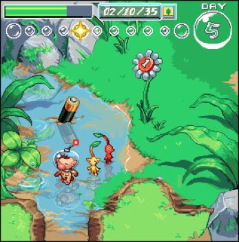 1boy battery big_nose brown_hair buttons commentary english_commentary english_text flower gloves helmet leaf nintendo numbered olimar pellet_posey pik pikmin_(series) pixel_art pocket pointy_ears pointy_nose puddle radio_antenna red_flower red_gloves red_pikmin rock space_helmet spacesuit tiny user_interface wet_floor white_petals yellow_pikmin